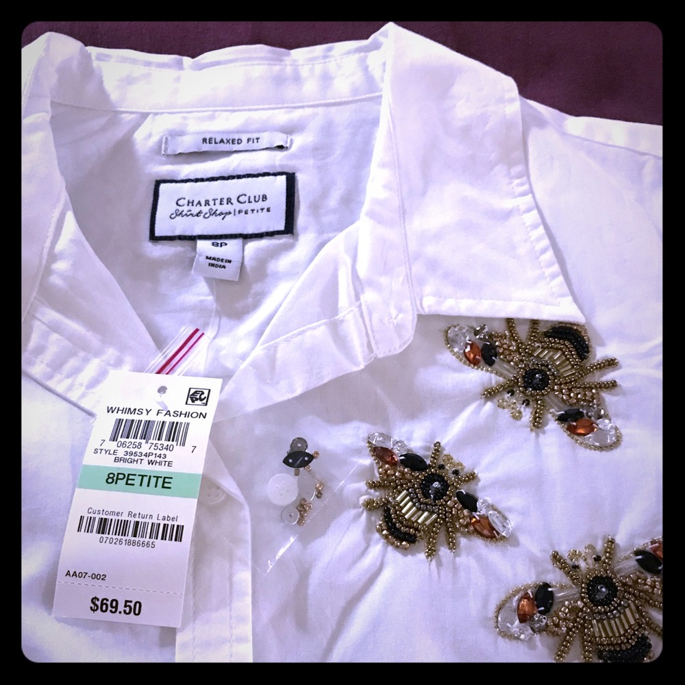 Button Down Relaxed Fit Beaded Bee Design